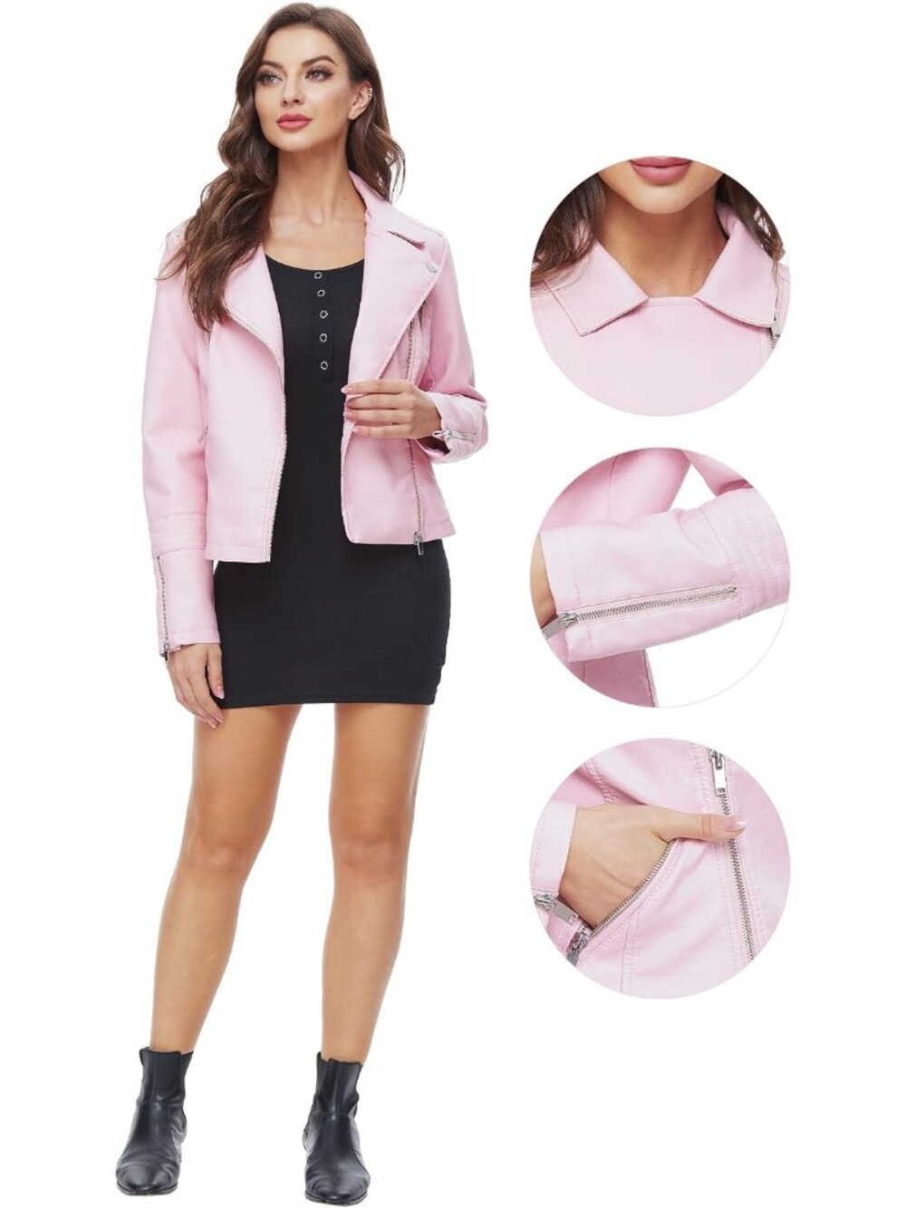 Women's Pink Faux Leather Lightweight Moto Biker Coat Long Sleeves Vegan Jacket - Picture 5 of 6